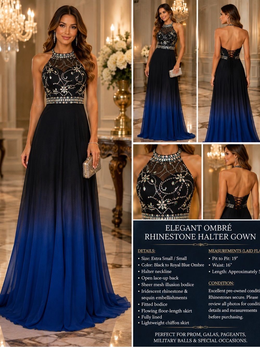 Elegant Ombre Rhinestone Halter Evening Gown - Blue/Black